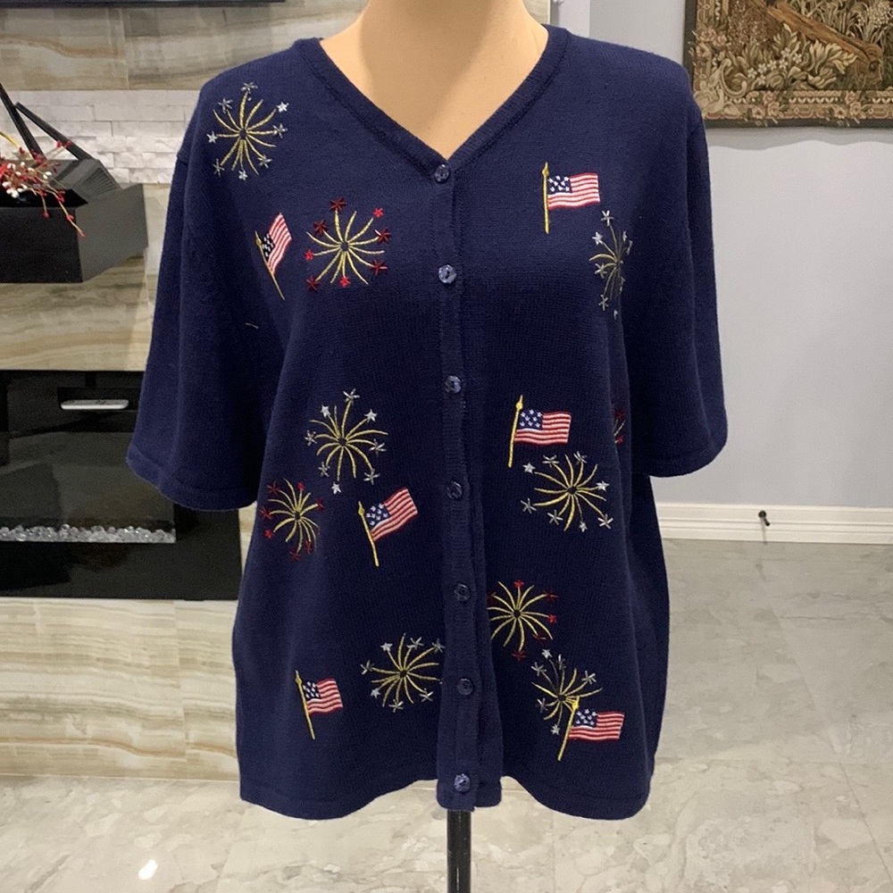 Croft & Barrow Patriotic Americana Fireworks Flag Cardigan Top XL